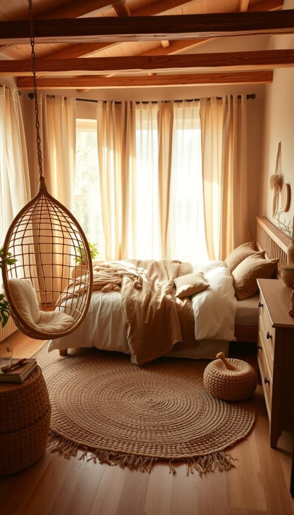 A cozy, natural boho bedroom with warm, diffused lighting. A large, plush bed is dressed in earthy tones and organic textures - linen sheets, woven blankets, and plump velvet pillows. A hanging rattan chair sways gently in the corner, while a woven area rug grounds the space. Wooden nightstands and a dresser add rustic charm, accented by potted plants and natural fiber decor. Soft curtains of natural linen frame the windows, allowing dappled sunlight to spill across the room. The overall atmosphere is serene, inviting, and in perfect harmony with the bohemian-inspired aesthetic.