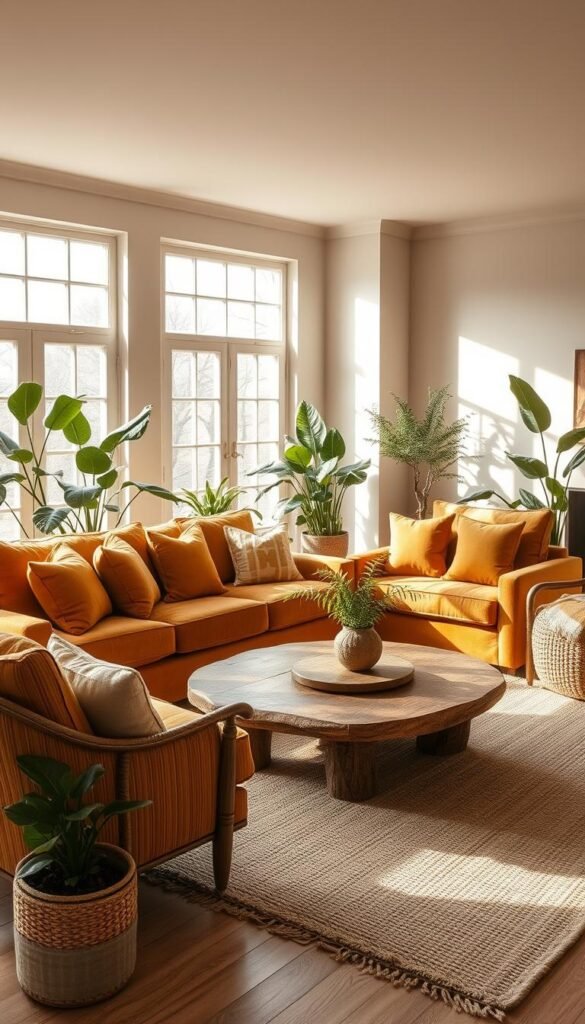 A cozy, natural-inspired living room featuring warm, earthy tones of yellow ochre. The focal point is a large, inviting sofa with plush cushions and a textured ochre velvet upholstery, complemented by matching accent chairs. The space is illuminated by soft, diffused lighting from large windows, casting a gentle glow on the natural wood floors and a rustic, wooden coffee table. Lush potted plants and woven textures add to the organic, calming ambiance, while ochre-hued throw pillows and a plush area rug tie the room together in a harmonious, nature-inspired aesthetic.