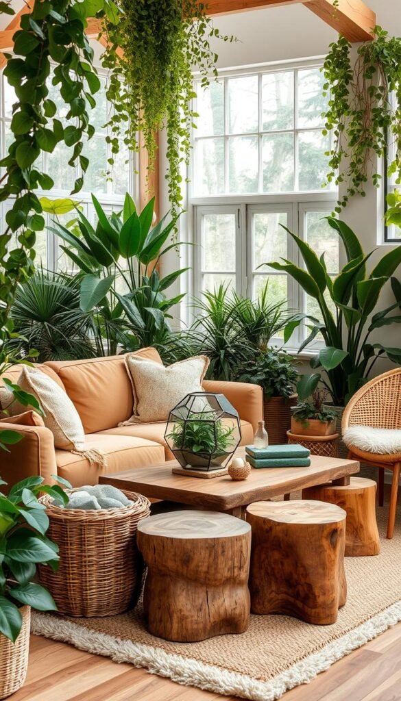 A cozy, natural living room setting with an abundance of lush greenery and organic elements seamlessly integrated. In the foreground, a plush earth-toned sofa is nestled amidst potted plants, trailing vines, and a woven basket overflowing with natural accents. The middle ground features a rustic wooden coffee table topped with a decorative terrarium, surrounded by wooden stools and a plush area rug. In the background, large windows allow natural light to flood the space, highlighting the warm, earthy color palette and the inclusion of natural materials like wicker, rattan, and stone. The overall atmosphere is one of tranquility, harmony, and a connection to the outdoors. A cozy, natural living room setting with an abundance of lush greenery and organic elements seamlessly integrated. In the foreground, a plush earth-toned sofa is nestled amidst potted plants, trailing vines, and a woven basket overflowing with natural accents. The middle ground features a rustic wooden coffee table topped with a decorative terrarium, surrounded by wooden stools and a plush area rug. In the background, large windows allow natural light to flood the space, highlighting the warm, earthy color palette and the inclusion of natural materials like wicker, rattan, and stone. The overall atmosphere is one of tranquility, harmony, and a connection to the outdoors.
