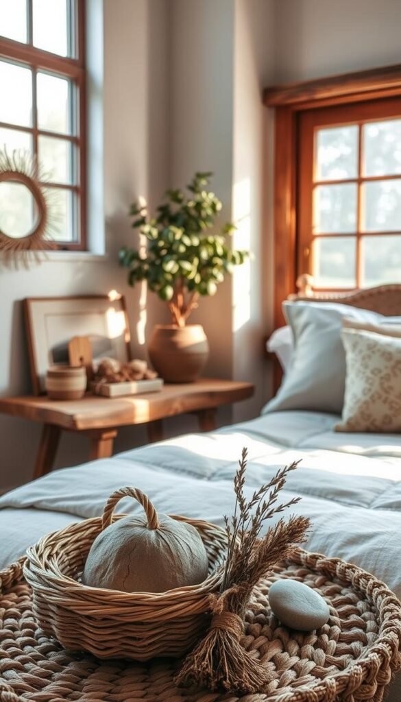 A cozy, nature-inspired bedroom corner with a rustic wooden side table, a lush potted plant, and an artfully arranged display of earthy-toned decorative accessories. Soft, warm lighting filters through a large window, casting a gentle glow on the natural textures and tones. In the foreground, a handcrafted woven basket, a smooth river stone, and a bundle of dried herbs create a inviting, organic vignette. The overall atmosphere is one of calm, comfort, and a deep connection to the natural world.