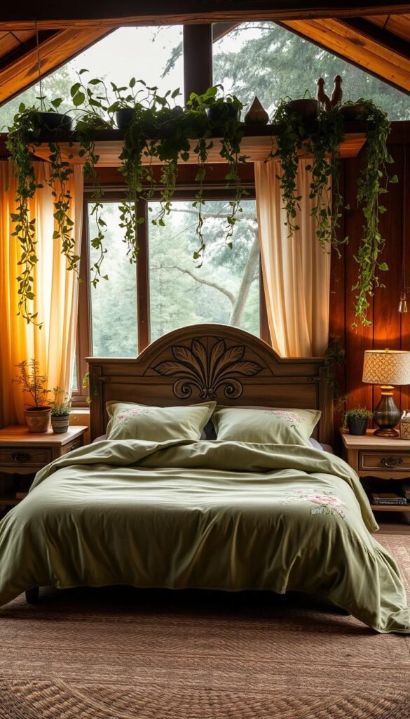 A cozy, nature-inspired bedroom with a rustic, earthy ambiance. In the foreground, a plush, moss-green bedspread adorned with delicate floral embroidery. Lush, trailing vines cascade from floating shelves, creating a lush, verdant canopy. Warm, golden lighting filters through sheer, linen curtains, casting a soft, romantic glow. In the middle ground, a large, weathered wooden headboard with intricate leaf carvings. Potted plants and crystals adorn the nightstands, while a woven area rug grounds the space. In the background, a large window overlooks a tranquil forest scene, blending the indoors with the outdoors. The overall atmosphere is one of serene, natural harmony. Prompt