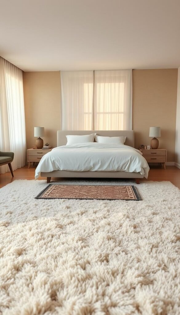 A cozy, neutral-toned bedroom with a layered rug arrangement. In the foreground, a large, plush beige area rug anchors the space, its soft texture inviting bare feet. Atop it, a smaller patterned rug in earthy tones adds visual interest and depth. The middle ground features a low-profile bed with crisp white linens, flanked by minimalist wood nightstands. Warm, diffused lighting filters through sheer curtains, casting a serene glow. In the background, textured walls in a soothing greige hue provide a calming backdrop. The overall atmosphere is one of calm sophistication, with the layered rugs creating a sense of warmth and dimension.