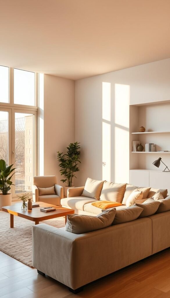 A cozy, open-plan living room in a minimalist apartment. Soft, warm lighting filters through large windows, casting a golden glow on the neutral-toned furniture and decor. A plush, L-shaped sofa in beige occupies the foreground, complemented by a low-profile wooden coffee table and a pair of armchairs in a complementary hue. Decorative plants and a simple, abstract artwork on the wall add subtle pops of color and texture. The background features a clean, white wall with a discreet, built-in shelving unit displaying a few carefully curated books and decorative objects. The overall atmosphere is one of simplicity, comfort, and understated elegance.