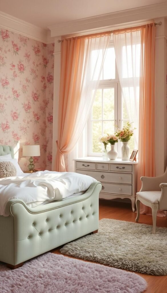 A cozy, pastel-hued bedroom with soft, inviting textures. Delicate floral wallpaper in soothing shades of pink and lavender creates a serene backdrop. In the foreground, a plush upholstered bed frame in pale mint green is layered with fluffy white bedding and pillows. Sheer, gossamer curtains in a soft peach hue frame a large window, letting in warm, diffused natural light. A vintage dresser in a distressed, pale blue finish stands in the middle ground, adorned with vases of fresh blooms. Plush area rugs in muted tones of lilac and sage green complete the tranquil, feminine ambiance. The overall effect is one of softness, sophistication, and understated elegance.