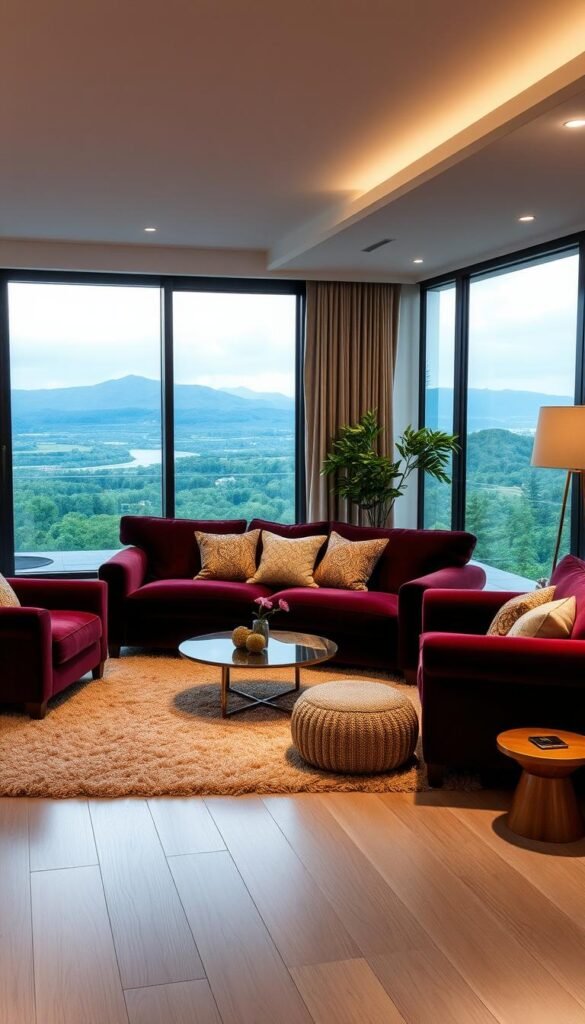 A cozy, plush living room with a luxurious, deep-seated sofa in a rich, velvet burgundy hue. The sofa is surrounded by a pair of matching armchairs, all positioned atop a soft, shag rug in a neutral tone. Soft, indirect lighting illuminates the room, creating a warm and inviting ambiance. In the background, a large, floor-to-ceiling window offers a picturesque view of a serene, natural landscape. Decorative throw pillows in complementary patterns and textures add to the overall sense of comfort and sophistication. The overall scene exudes a feeling of ultimate relaxation and indulgence, perfect for a modern, luxury living space.