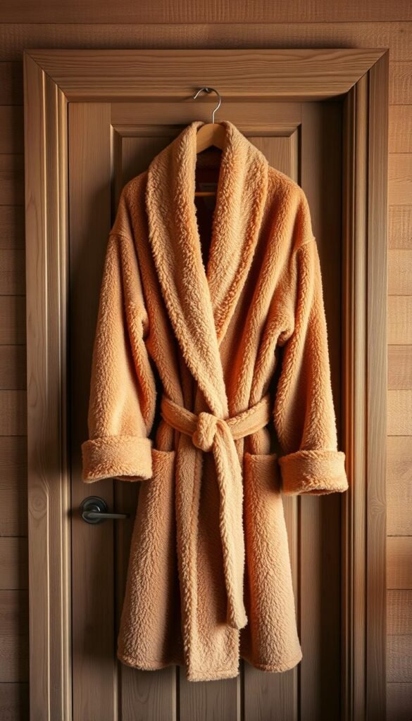 A cozy, plush robe in a warm, seasonal hue hangs invitingly on a wooden door, its soft folds and textures complementing the rustic, natural setting. Soft, diffuse lighting casts a gentle glow, creating a welcoming and relaxing atmosphere. The robe's luxurious appearance and thoughtful placement suggest an intimate, guest-friendly space, perfect for unwinding and enjoying the comforts of the season. The door frame acts as a natural frame, highlighting the robe's elegant silhouette against a subtly textured wall. This serene, harmonious scene evokes feelings of comfort, hospitality, and the joys of seasonal decor.