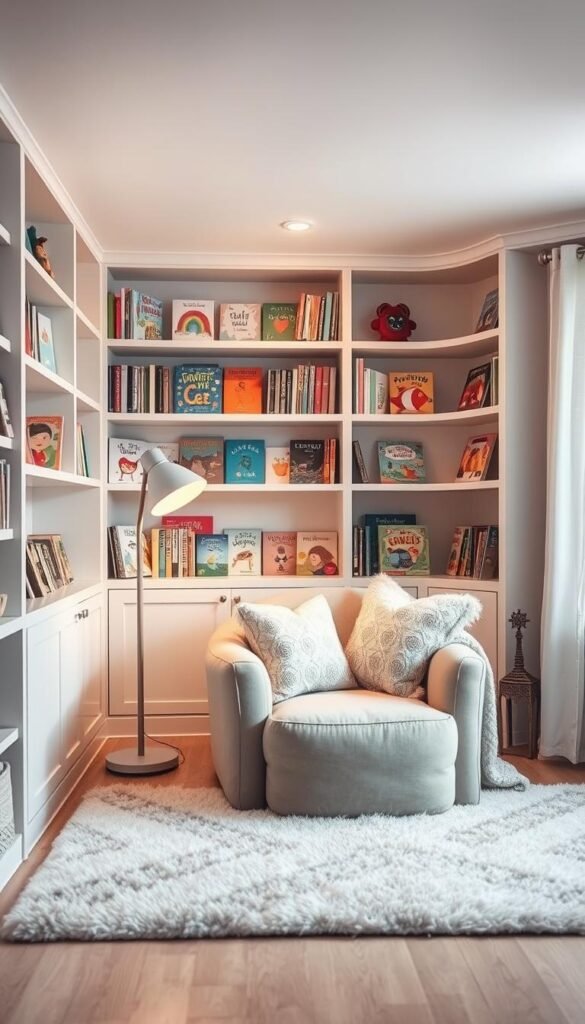 A cozy reading nook nestled in a bright, airy kids' bedroom. Plush armchair in a soft, inviting fabric sits atop a plush, patterned rug. Shelves lining the walls display an array of colorful children's books, creating a sense of coziness and wonder. Soft, diffused lighting from a floor lamp casts a warm glow, while an oversized window lets in natural light, illuminating the space. Fluffy throw pillows and a comfy blanket add to the welcoming atmosphere, inviting the child to curl up and get lost in a good book. The overall design effortlessly blends functionality and style, creating a dreamy, nurturing haven for reading and relaxation.