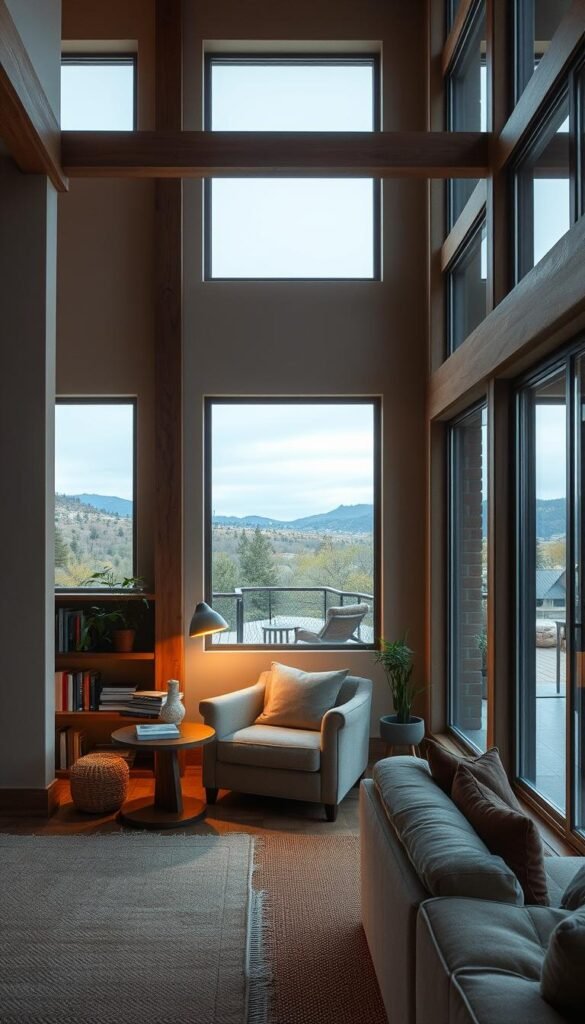 A cozy reading nook nestled in an expansive open-concept living room. Soft ambient lighting casts a warm glow, illuminating plush armchair and side table laden with books. Delicate plant life spills from shelves, adding natural accents. Generously sized windows offer panoramic views, blurring the line between indoor and outdoor spaces. Muted earth-toned palette and natural textures, such as wooden beams and woven rugs, create a serene, comforting atmosphere. The nook's intimate scale and thoughtful design elements carve out a peaceful retreat within the larger open layout, inviting relaxation and quiet contemplation.