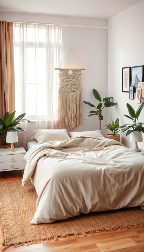 A cozy, renter-friendly bedroom with earthy tones and tactile textures. In the foreground, a plush, neutral-toned duvet covers a queen-sized bed, complemented by a pair of matching nightstands with minimalist lamps. In the middle ground, a natural-fiber area rug grounds the space, and a DIY macrame wall hanging adds visual interest. The background features a large window with sheer curtains, allowing soft, diffused natural light to fill the room. Lush potted plants and a small gallery wall of framed artwork complete the serene, relaxing atmosphere.