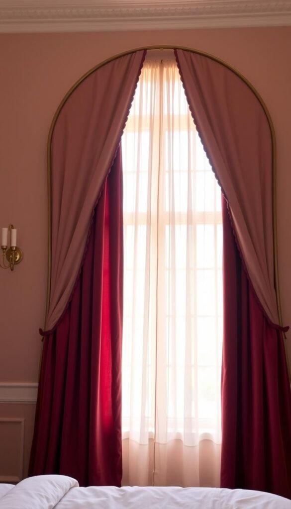 A cozy, romantic bedroom with elegant window treatments that softly diffuse natural light. Luxurious floor-to-ceiling curtains in a rich, velvety burgundy fabric gently cascade, their folds creating a sense of warmth and intimacy. Delicate sheer panels in a pale blush hue filter the sunlight, casting a gentle, golden glow across the room. The curtains are hung from ornate, brushed gold curtain rods that arch gracefully above the windows, adding a touch of opulence. Subtle lighting fixtures on either side of the windows complement the overall mood, creating a serene and inviting atmosphere perfect for a restful retreat.