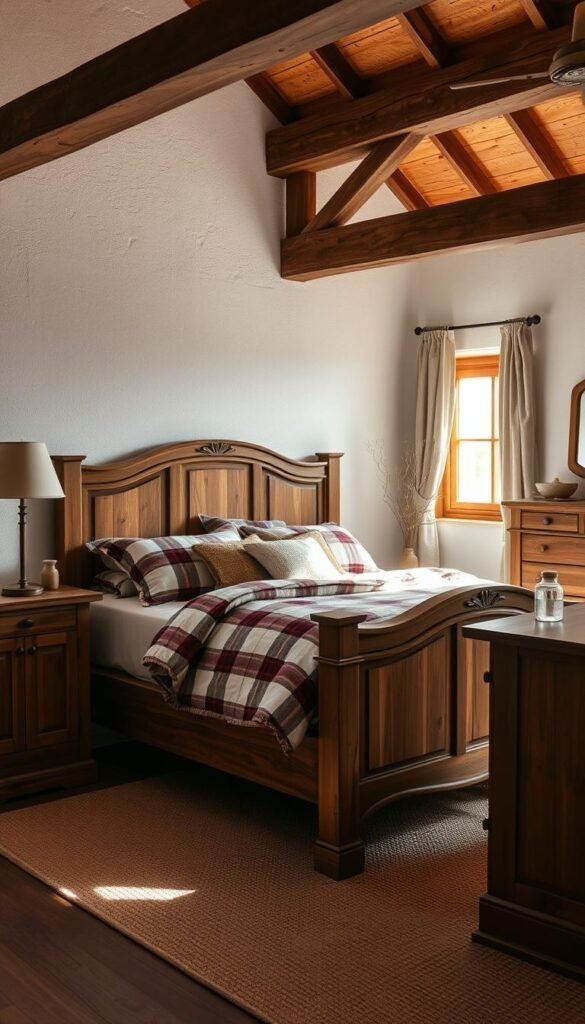 A cozy rustic bedroom bathed in warm natural light, featuring a wooden bed frame with carved details, a matching nightstand, and a rustic wooden dresser. Soft textiles, including a plaid comforter and linen curtains, add to the inviting ambiance. The background showcases exposed wooden beams and whitewashed walls, creating a harmonious blend of modern and traditional elements. Subtle textures and earthy tones evoke a sense of timeless comfort and craftsmanship.