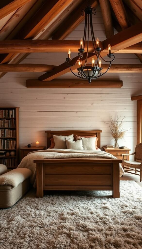 A cozy, rustic bedroom sanctuary with warm, natural textures and earthy tones. A large, wooden-framed bed with a plush, textured comforter and an assortment of soft, woolen throw pillows. Antique wooden nightstands flank the bed, each with a single, flickering candle casting a gentle glow. In the corner, a rustic armchair sits beside a floor-to-ceiling bookshelf, inviting one to curl up and read. The room is illuminated by a hanging, wrought-iron chandelier, its soft light filtering through the space. Wooden beams traverse the ceiling, complementing the weathered, whitewashed walls. A large, plush area rug grounds the room, tying the natural elements together in a cohesive, serene atmosphere.