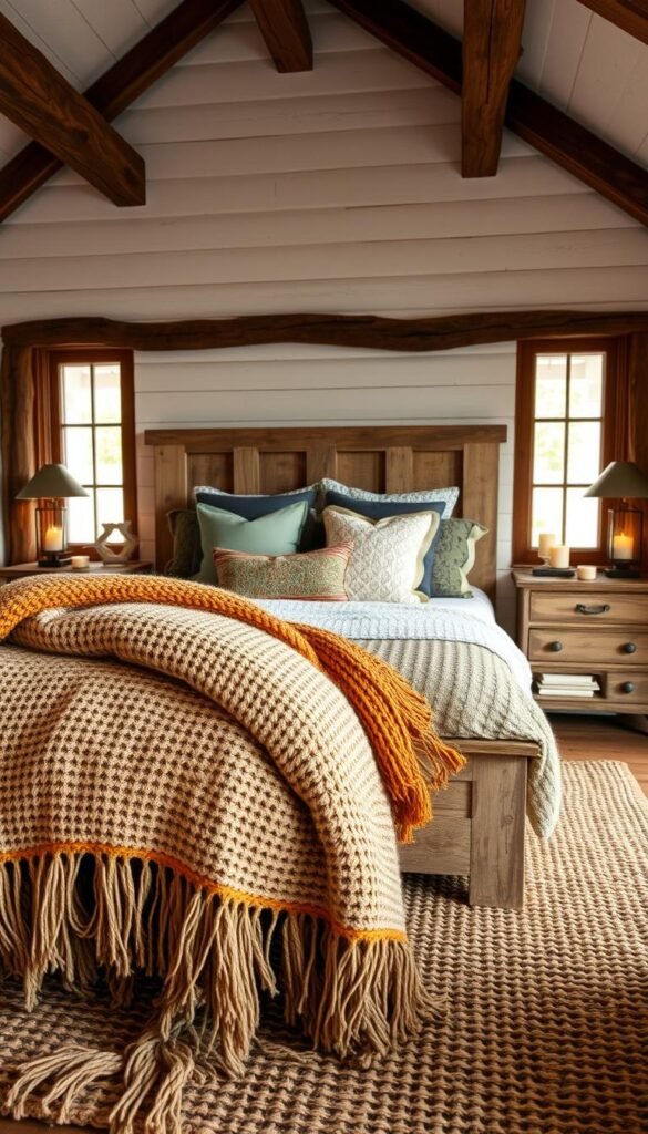 A cozy, rustic bedroom showcasing a warm, textured aesthetic. In the foreground, a plush, woven throw blanket in earthy tones cascades over a distressed wooden bed frame. Layers of patterned pillows in muted hues of ochre, sage, and charcoal add visual interest. The middle ground features a natural fiber area rug, its intricate weave enhancing the tactile feel of the space. Wooden nightstands with weathered finishes flank the bed, topped with simple, candle-lit lamps that cast a soft, golden glow. In the background, exposed beams and whitewashed walls create a serene, farmhouse-inspired ambiance, while a large window allows natural light to filter in, highlighting the luxurious textures and natural materials throughout.