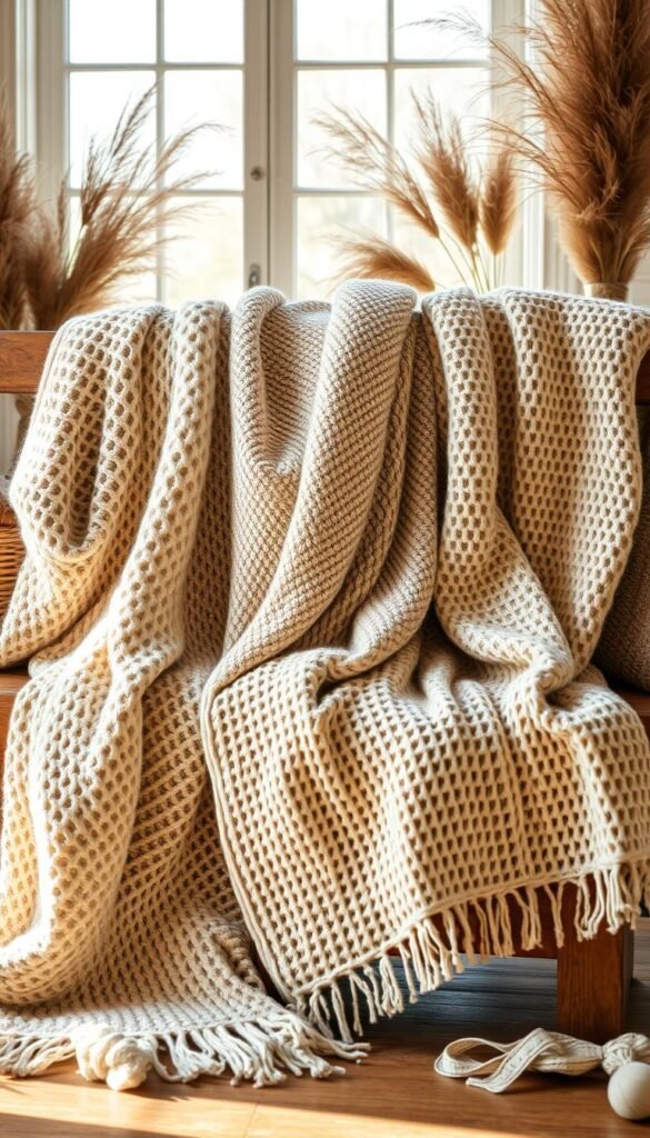 A cozy scene of textured throws and blankets, artfully arranged on a wooden bench against a backdrop of earthy, natural decor. Soft, warm lighting casts a serene glow, highlighting the intricate patterns and gentle folds of the fabrics. The arrangement is a harmonious blend of neutral tones and organic textures, creating a sense of depth and visual interest. A large window in the background allows natural light to filter in, lending an airy, inviting ambiance to the scene. The overall composition conveys a sense of comfort, relaxation, and a celebration of the beauty found in simple, natural elements. A cozy scene of textured throws and blankets, artfully arranged on a wooden bench against a backdrop of earthy, natural decor. Soft, warm lighting casts a serene glow, highlighting the intricate patterns and gentle folds of the fabrics. The arrangement is a harmonious blend of neutral tones and organic textures, creating a sense of depth and visual interest. A large window in the background allows natural light to filter in, lending an airy, inviting ambiance to the scene. The overall composition conveys a sense of comfort, relaxation, and a celebration of the beauty found in simple, natural elements.
