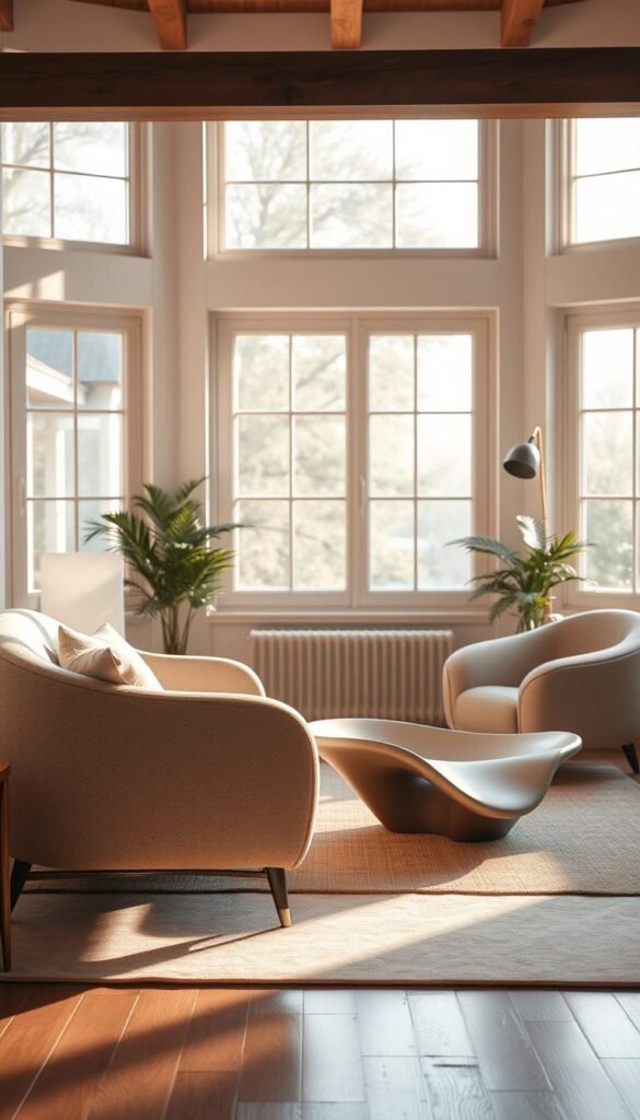 A cozy small living room with soft, curved furniture in a bright, airy setting. In the foreground, a plush, gently sloping loveseat upholstered in a neutral, textured fabric. Behind it, a rounded armchair with slim, tapered legs. In the middle ground, a sculptural coffee table with a smooth, organic silhouette. Warm, diffused natural light filters in through large windows, casting gentle shadows and highlights across the furniture. The overall mood is one of relaxation and comfort, with the curved lines and muted tones creating a sense of tranquility.