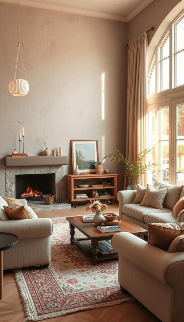 A cozy, sophisticated living room interior, bathed in warm, inviting greige tones. Soft, textured walls in a complex, nuanced greige hue create a serene, calming ambiance. Plush, overstuffed furniture in a harmonious palette of greige, beige, and taupe anchors the space, while pops of warm, earthy accents - a vintage-inspired rug, heavy linen curtains, and a wooden coffee table - add depth and character. Gentle, natural lighting filters through large windows, casting a golden glow and accentuating the room's inviting, tranquil atmosphere. Attention to detail and a carefully curated blend of tones and textures evoke a sense of refined comfort and effortless sophistication.