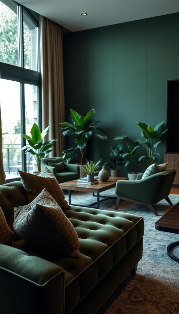 A cozy, sophisticated living space with a dark green color palette. In the foreground, a plush velvet sofa with intricate tufting, complemented by textured throw pillows. In the middle ground, a polished wood coffee table and a pair of modern, angular armchairs. The background features floor-to-ceiling windows, allowing natural light to filter in and bounce off the deep, earthy tones. Lush, verdant plants dot the scene, adding pops of vibrant greenery. Soft, indirect lighting casts a warm, inviting glow, creating an atmosphere of understated elegance. The overall composition evokes a sense of tranquility and refined luxury, reflecting the psychology of green interior design.
