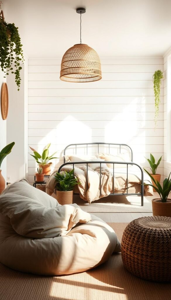 A cozy, sun-dappled bedroom space with a low-level, earthy-toned seating area. The foreground features a plush, oversized floor cushion and a woven rattan pouf, inviting relaxation. The middle ground showcases a minimal wrought-iron bed frame, adorned with flowing, bohemian-inspired bedding in muted tones. The background reveals a whitewashed shiplap wall, accented by a hanging rattan pendant light casting a warm, ambient glow. Potted plants and natural fiber textures throughout create a serene, harmonious atmosphere, perfect for lounging and unwinding.