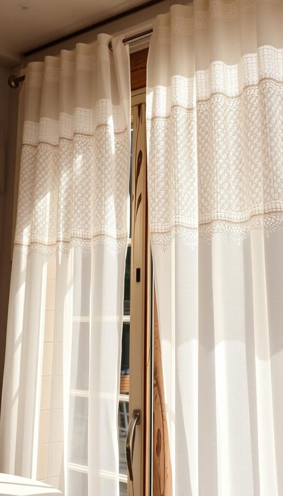 A cozy, sun-dappled café scene with delicate ivory lace curtains gently swaying in the breeze, casting a soft, filtered light across the space. The curtains are hung from a sleek, modern curtain rod, creating a layered effect that balances privacy and illumination. The window frame is made of weathered, distressed wood, adding a rustic charm to the otherwise minimal and chic interior. The café is filled with the aroma of freshly brewed coffee and the gentle hum of conversation, inviting the viewer to step in and bask in the warm, inviting atmosphere. A cozy, sun-dappled café scene with delicate ivory lace curtains gently swaying in the breeze, casting a soft, filtered light across the space. The curtains are hung from a sleek, modern curtain rod, creating a layered effect that balances privacy and illumination. The window frame is made of weathered, distressed wood, adding a rustic charm to the otherwise minimal and chic interior. The café is filled with the aroma of freshly brewed coffee and the gentle hum of conversation, inviting the viewer to step in and bask in the warm, inviting atmosphere.