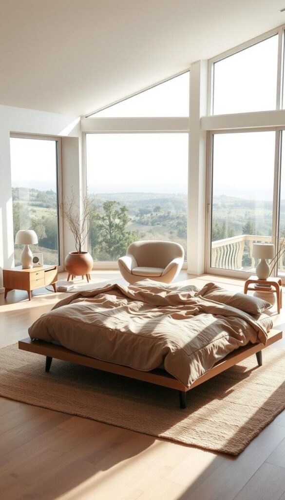 A cozy, sun-dappled modern organic bedroom with thoughtfully curated furniture. In the foreground, a low-profile platform bed with a plush, earthy-toned comforter and natural linen bedding. A pair of minimal, wood-framed nightstands flank the bed, topped with sleek table lamps. In the middle ground, a large, organically-shaped armchair in a neutral tone sits atop a textured area rug. In the background, floor-to-ceiling windows allow natural light to flood the space, revealing a serene landscape outside. The overall atmosphere is one of understated elegance and tranquility, reflecting the harmonious intersection of form and function. A cozy, sun-dappled modern organic bedroom with thoughtfully curated furniture. In the foreground, a low-profile platform bed with a plush, earthy-toned comforter and natural linen bedding. A pair of minimal, wood-framed nightstands flank the bed, topped with sleek table lamps. In the middle ground, a large, organically-shaped armchair in a neutral tone sits atop a textured area rug. In the background, floor-to-ceiling windows allow natural light to flood the space, revealing a serene landscape outside. The overall atmosphere is one of understated elegance and tranquility, reflecting the harmonious intersection of form and function.