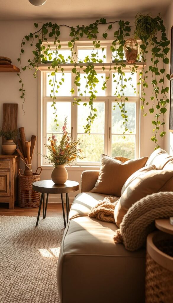 A cozy, sun-dappled sanctuary filled with earthy textures and natural accents. In the foreground, a plush woven rug grounds the space, its soft neutral tones complementing the weathered wood furniture. Atop a rustic side table, a bouquet of freshly picked wildflowers in an organic ceramic vase adds a vibrant pop of color. Trailing vines cascade from floating shelves, their lush greenery framing the large window that floods the room with warm, golden light. Plush, earthy-toned pillows and a knitted throw blanket invite relaxation on the inviting couch. The overall atmosphere is one of calm, grounded serenity - a true haven for the senses.
