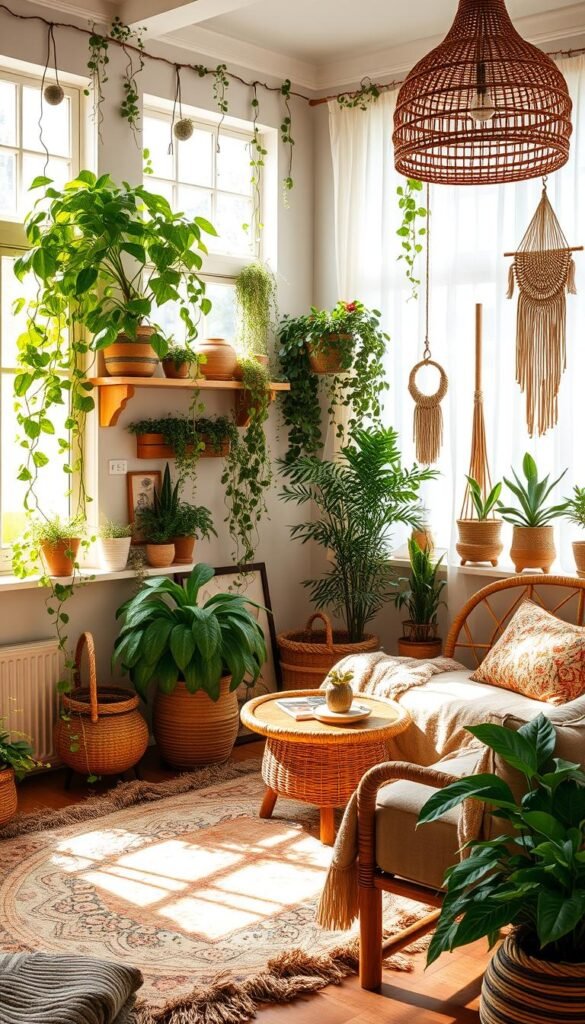 A cozy, sun-drenched Boho living room with lush, verdant plants cascading from shelves and windowsills. Trailing vines, ferns, and potted succulents create a vibrant, earthy atmosphere. Plush, textured rugs and macrame wall hangings add warmth, while rattan furniture and a woven pendant light bring a natural, rustic touch. Soft, diffused lighting filters through sheer curtains, casting a gentle glow over the scene. The overall ambiance is one of tranquility and rejuvenation, inviting the viewer to settle in and bask in the soothing, nature-inspired surroundings.