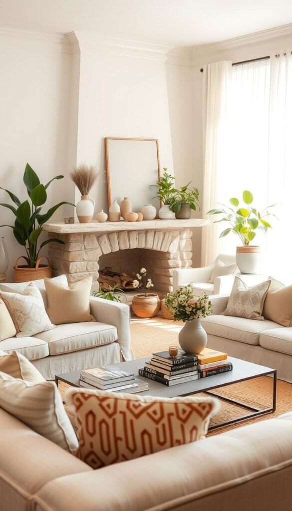 A cozy, sun-drenched ivory living room, filled with plush textures and natural accents. In the foreground, a mix of decorative throw pillows in soft neutrals and subtle patterns adorn a comfortable linen sofa. A large woven area rug grounds the space, while a sleek, minimalist coffee table displays a collection of artful books and a sculptural vase of fresh flowers. In the middle ground, a pair of matching ivory armchairs flank a stone fireplace, its mantel decorated with an assortment of delicate ceramic vessels and verdant potted plants. Warm, diffused lighting filters through sheer curtains, creating a calming, inviting atmosphere.