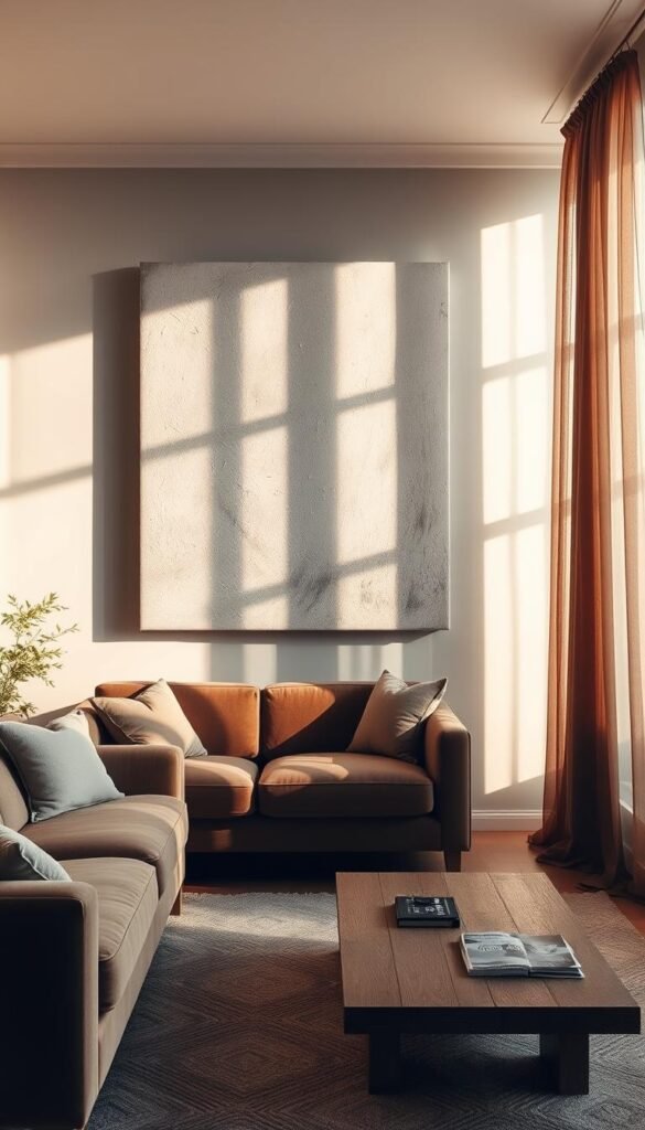 A cozy, sun-drenched living room features a large, textured canvas on the wall, its abstract brushstrokes evoking a sense of depth and emotion. Soft ambient lighting casts a warm glow, accentuating the natural textures of the room's furnishings - plush velvet sofa, distressed wood coffee table, and sheer curtains that gently flutter in the breeze. The artwork serves as the centerpiece, drawing the eye and inviting the viewer to pause and contemplate its meaning. The overall atmosphere is one of tranquility and sophistication, creating a space that is both visually striking and deeply personal.