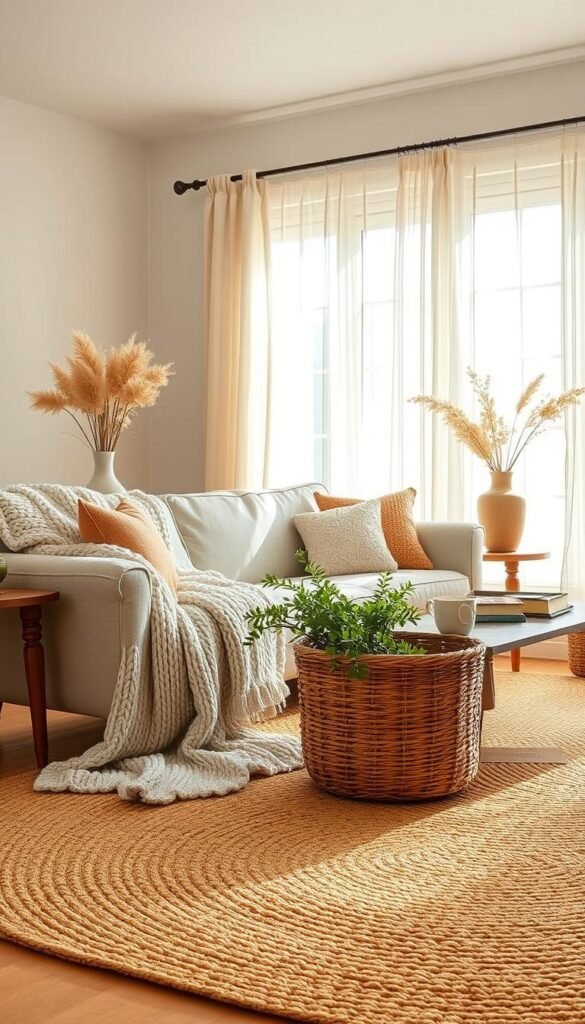A cozy, sun-drenched living room with a mix of natural textures and organic materials. In the foreground, a plush, chunky knit throw blanket cascades over a low-profile, linen-upholstered sofa. On the coffee table, a woven basket overflows with faux greenery. The middle ground features a woven jute area rug, its fibers creating a tactile, earthy foundation. Wooden side tables with turned legs flank the sofa, topped with ceramic vases holding dried floral arrangements. In the background, sheer linen curtains frame large windows, allowing warm, diffused light to filter in and highlight the textural elements throughout the space.