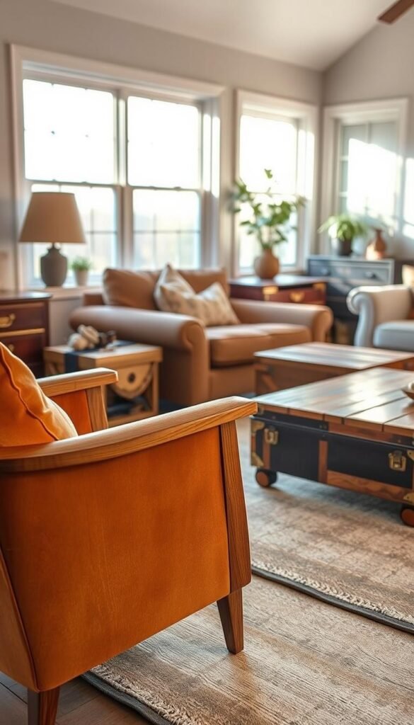 A cozy, sun-drenched living room with vintage furniture pieces repurposed into modern, functional designs. In the foreground, a mid-century armchair upholstered in plush velvet, its wooden frame sanded and oiled to a warm, glossy finish. Nearby, a side table made from a salvaged trunk, its weathered wood and brass hardware polished to a subtle sheen. In the middle ground, a hand-crafted coffee table assembled from reclaimed barn wood, its rustic charm complemented by sleek, minimalist lines. Soft, diffused lighting filters in through large windows, casting a golden glow and accentuating the natural textures of the repurposed furnishings. The overall atmosphere evokes a sense of timeless elegance and cozy, welcoming comfort.