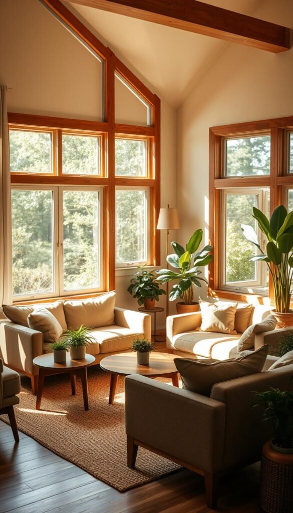 A cozy, sun-drenched living room with warm, natural lighting filtering through large windows. Soft, diffused rays illuminate the plush, earthy-toned furnishings and natural wood accents. A mid-century modern sofa and armchairs create an inviting seating area, complemented by a woven area rug and a low, minimalist coffee table. Verdant potted plants on side tables and a fiddle-leaf fig in the corner add lively greenery. The overall atmosphere is serene, relaxing, and infused with an organic, contemporary aesthetic.