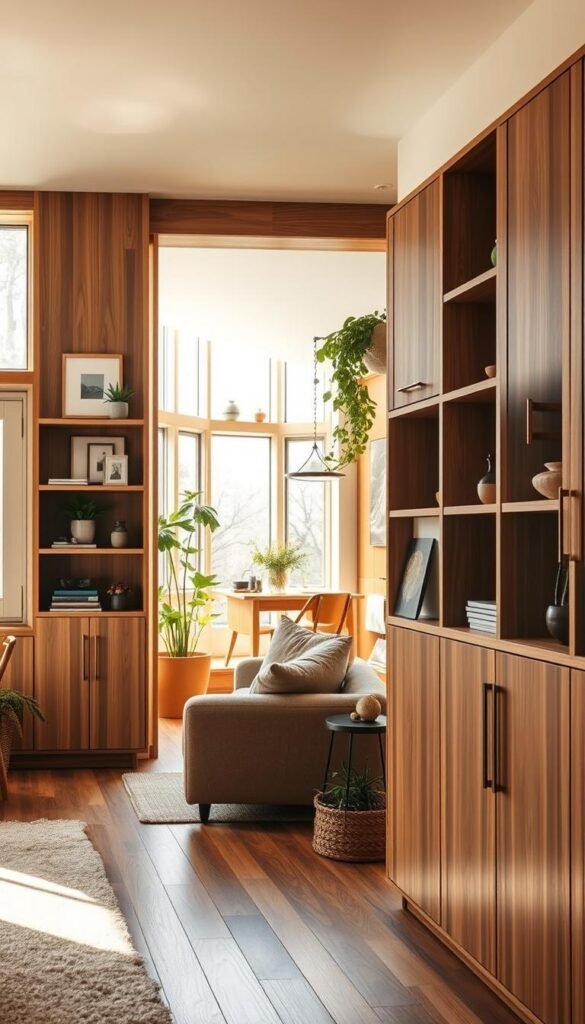 A cozy, sun-drenched living space with a warm, inviting atmosphere. In the foreground, a set of wooden cabinets and shelving units made of rich, honey-toned oak, their clean lines and minimalist design complementing the overall modern aesthetic. The shelves are adorned with various decorative elements, such as potted plants, framed artwork, and a few carefully curated accessories, creating a sense of balanced, tasteful decor. In the middle ground, a plush, neutral-toned sofa invites relaxation, while large windows flood the room with natural light, casting a soft, golden glow throughout the space. In the background, a hint of an adjacent room, perhaps a dining area or kitchen, with additional wooden accents that tie the entire living space together seamlessly.