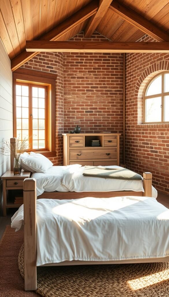 A cozy, sun-drenched modern farmhouse bedroom, showcasing a harmonious blend of rustic and refined materials. In the foreground, a distressed wooden bed frame with plush white linen bedding. Nearby, a natural jute area rug anchors the space, its earthy textures complementing the shiplap walls. On the bedside tables, simple glass vases hold fresh wildflowers, casting a soft, ambient glow. In the middle ground, a wooden dresser with metal hardware stands tall, its weathered finish evoking a sense of timeless charm. The large window in the background filters in warm, golden light, illuminating the textured brick accent wall and exposed wooden beams overhead, creating an inviting, serene atmosphere.
