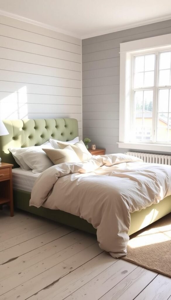 A cozy, sun-drenched modern farmhouse bedroom with a soothing color palette. The foreground features a plush, tufted headboard in a soft, muted green hue, flanked by natural wood nightstands. Soft, linen bedding in shades of cream and beige creates a serene, inviting atmosphere. The middle ground showcases a rustic, whitewashed wood floor, and a large window floods the space with warm, diffused natural light. The background depicts simple, shiplap-clad walls in a calming, muted blue-gray tone, adding depth and character to the scene. The overall mood is one of tranquility, comfort, and subtle elegance.