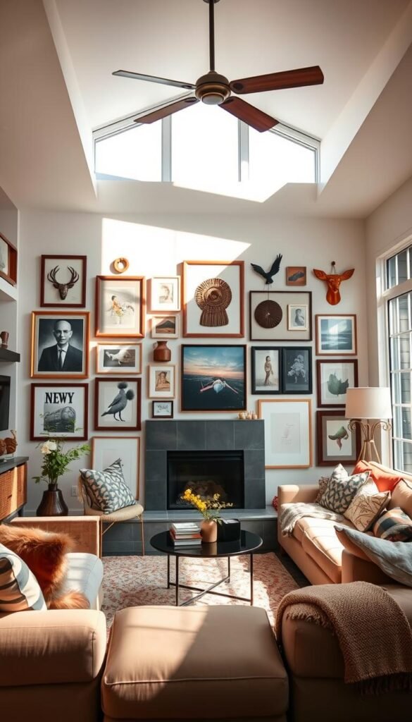 A cozy, sun-drenched modern living room with a gallery wall of personalized art and decor. The focal point is a harmonious arrangement of framed paintings, photographs, and sculptural wall hangings in a variety of mediums and styles. Warm wooden accents, plush textiles, and soft ambient lighting create an inviting, intimate atmosphere. Thoughtfully curated items reflect the homeowner's unique personality and meaningful life experiences. The overall composition balances visual interest and cohesion, drawing the eye to explore the eclectic yet intentionally curated display. A large window floods the space with natural light, accentuating the textures and hues of the artful display.