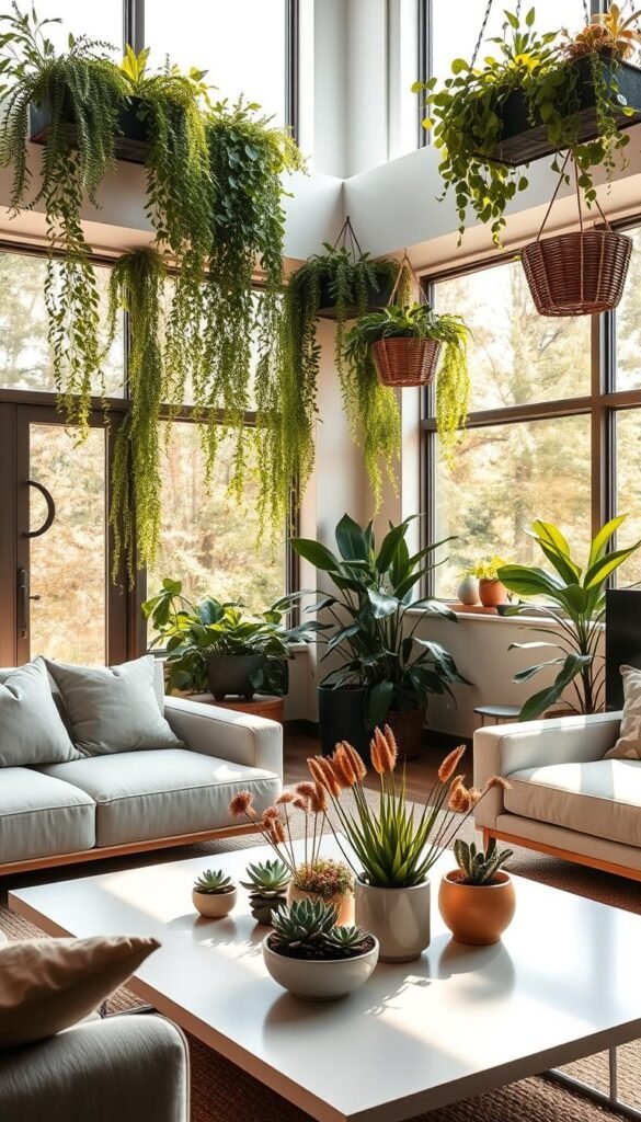 A cozy, sun-drenched modern living room with lush, verdant greenery cascading from shelves and hanging baskets. Large, floor-to-ceiling windows flood the space with warm, natural light, creating a tranquil, biophilic atmosphere. A low, minimalist coffee table is adorned with a variety of potted succulents and a sculptural dried floral arrangement. Soft, neutral-toned furnishings and textiles provide a soothing backdrop, allowing the vibrant foliage to take center stage. The room is photographed from a slightly elevated angle, capturing the harmonious interplay between the natural elements and the elegant, contemporary interior design.