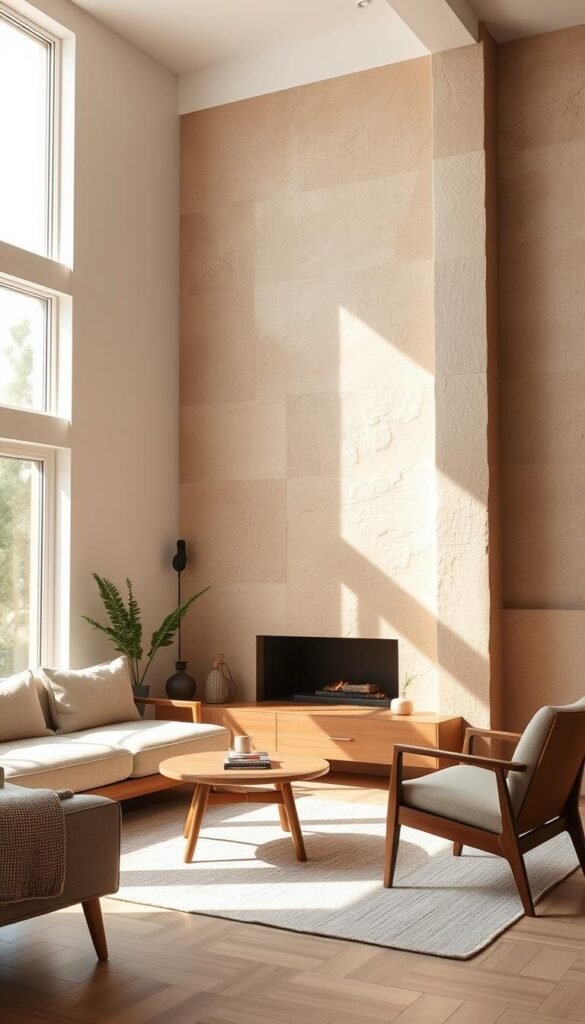 A cozy, sun-lit living room with a stunning textured accent wall. The wall features a natural, earthy pattern with subtle variations in tone and depth, creating a serene and inviting focal point. Soft, diffused lighting from large windows illuminates the space, casting a warm glow on the organic textures. The wall's surface is slightly uneven, with a tactile, handcrafted appearance that adds visual interest and depth. The room is furnished with minimalist, mid-century modern pieces in muted, natural tones that complement the accent wall's calming aesthetic. An inviting, calming atmosphere radiates throughout the space, encouraging relaxation and mindfulness.