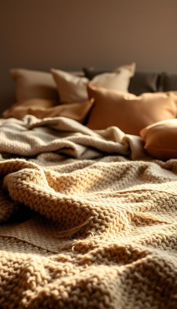 A cozy, textured bedspread occupies the foreground, its plush fibers and intricate patterns casting gentle shadows. Layered throws and pillows in muted earth tones add depth and visual interest to the middle ground. The lighting is warm and diffused, creating a serene, inviting atmosphere. The camera angle is slightly elevated, allowing the viewer to appreciate the luxurious textures and harmonious color palette. An overall sense of comfort and relaxation pervades the scene, perfectly complementing the "Using Texture to Add Depth and Warmth" section of the article.