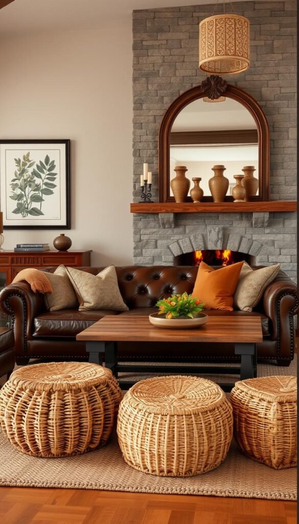A cozy, textured brown living room with layered elements that create a warm and inviting atmosphere. In the foreground, a plush, tufted sofa with rich leather accents rests on a thick, woven area rug. Decorative throw pillows in earthy tones add depth and visual interest. In the middle ground, a wooden coffee table with a weathered finish is surrounded by natural rattan ottomans. The walls are adorned with framed botanical prints and a large, ornate mirror that reflects the soft, indirect lighting. In the background, a large, stone fireplace with a mantel displays rustic, textured vases and candlesticks, casting a warm glow throughout the space. The overall scene exudes a sense of comfort and relaxation, perfect for a cozy, modern brown living room.