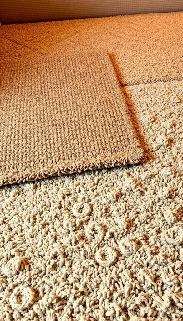A cozy, textured living room scene with a layered rug arrangement. In the foreground, a plush, multi-toned area rug in earthy tones, with subtle patterns and a soft, shaggy texture. Overlapping in the middle ground, a patterned, low-pile rug in complementary hues, creating visual interest and depth. The background features a neutral-colored, woven wall-to-wall carpet, providing a warm, grounding base. Warm, diffused lighting casts a gentle glow, enhancing the tactile quality of the textured surfaces. The overall composition conveys a sense of luxurious comfort and elevated, contemporary style.