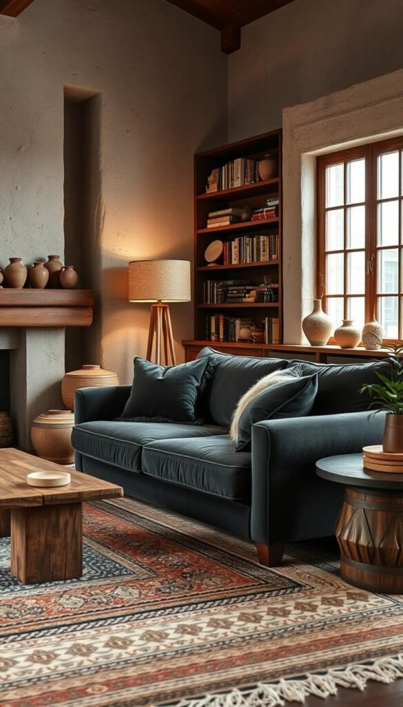 A cozy, textured living room with a mix of natural elements and modern accents. In the foreground, a plush velvet sofa in a rich jewel-toned hue sits atop a handwoven area rug with intricate patterns. Nearby, a wooden coffee table with a distressed finish provides a tactile contrast. On the mantelpiece, a collection of earthenware vases and ceramic figurines add visual interest. Soft lighting from a floor lamp with a woven shade casts a warm glow, while large windows allow natural light to filter in, illuminating the textured walls with a subtle plaster finish. Bookshelves in the background hold an eclectic mix of hardcover tomes and decorative objects, creating depth and a sense of lived-in comfort.