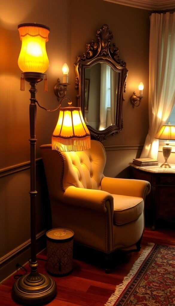 A cozy vintage bedroom bathed in the warm glow of antique lighting. A brass floor lamp with a tasseled shade casts a soft, amber light across a plush, tufted armchair. A pair of vintage wall sconces with opulent glass shades flank an ornate, gilded mirror. The hardwood floor is covered in a Persian-style area rug, and a vintage nightstand with a marble top holds a collection of old books and a brass table lamp. The overall atmosphere is one of timeless elegance and nostalgic charm.