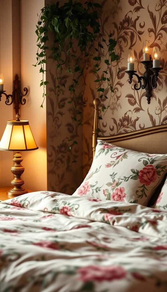 A cozy vintage bedroom with soft, earthy tones and lush botanical patterns. In the foreground, a plush, velvety floral duvet cover in muted shades of pink, green, and brown adorns the bed. Ornate, antique-style lamps with floral motifs cast a warm, golden glow. In the middle ground, delicate, trailing vines and leafy plants spill from ornamental wall sconces, adding a touch of natural elegance. The background features a vintage-inspired wallpaper in a complementary botanical print, creating a harmonious, immersive atmosphere. Soft, diffused lighting and a shallow depth of field enhance the inviting, nostalgic ambiance.
