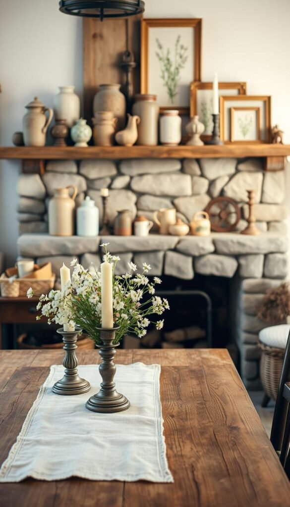 A cozy vintage farmhouse scene with rustic decor accents. In the foreground, an aged wooden table adorned with a linen runner, antique candle holders, and a vase of fresh wildflowers. On the middle shelf, an assortment of weathered ceramic vases, mason jars, and woven baskets. In the background, a stone fireplace mantel displaying a collection of vintage-inspired trinkets, candlesticks, and framed botanical prints. Warm, soft lighting casts a gentle glow throughout the space, creating a welcoming and charming atmosphere. The overall aesthetic evokes a sense of timeless, lived-in comfort.