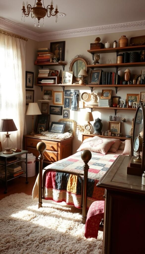 A cozy vintage-inspired bedroom with a collected, eclectic vibe. Sunlight streams through lace curtains, casting a warm glow on an antique brass bed frame adorned with a patchwork quilt. On the bedside table, a collection of mismatched lamps, framed photographs, and a vintage alarm clock. The walls are lined with shelves displaying an assortment of trinkets, books, and knick-knacks, creating a sense of lived-in character. In the corner, a weathered wooden dresser holds a tarnished vanity mirror and a scatter of perfume bottles. Soft textures like a shaggy rug and plush throw pillows complete the inviting, nostalgic atmosphere.