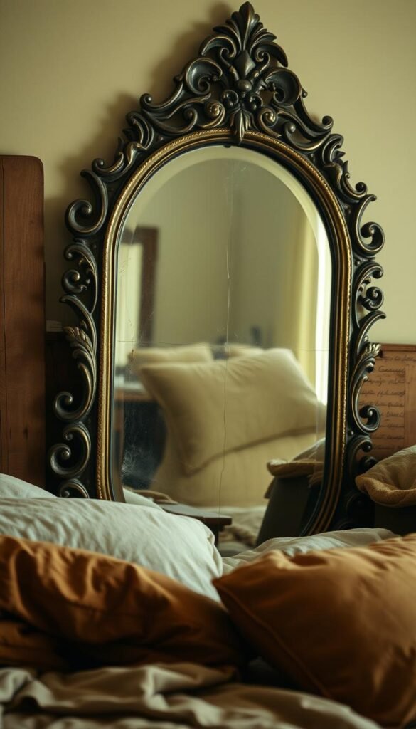A cozy, vintage-inspired bedroom with an ornate, aged mirror taking center stage. The mirror's intricate frame, adorned with swirling patterns and tarnished metallic accents, reflects the soft, warm lighting of the room. Surrounding the mirror, a mix of natural textures like weathered wood and plush, earthy linens create a sense of depth and character. Subtle, muted tones of amber, olive, and ochre dominate the palette, evoking a nostalgic, lived-in ambiance. The mirror's surface is slightly distorted, adding to the vintage charm and enhancing the feeling of timelessness. The overall composition draws the viewer's eye towards the mirror, inviting them to explore the subtle details and warmth of this inviting, reflective space.