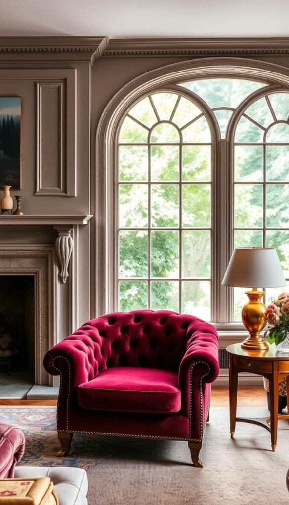 A cozy, vintage-inspired living room with a statement piece as the focal point. In the foreground, a plush, tufted armchair in a rich, jewel-toned velvet. Placed in front of a large, ornate fireplace with intricate moldings, the chair commands attention. The middle ground features a mid-century modern side table with a brass lamp, casting a warm glow. In the background, a large, arched window overlooking a lush, green garden, allowing natural light to filter in. The room is adorned with lush, textured fabrics, antique accents, and a mix of old and new elements, creating a harmonious, sophisticated atmosphere.