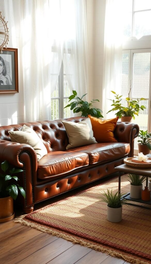 A cozy vintage leather chesterfield sofa sits in a sun-dappled living room, surrounded by soft cottagecore textiles. Plush velvet throw pillows in muted hues of sage and ochre adorn the tufted cushions, complementing the deep cognac hue of the aged leather. Sheer lace curtains filter the warm light, casting a gentle glow. A woven area rug in earthy tones grounds the scene, while a mix of potted plants and floral arrangements add pops of natural greenery. The overall atmosphere is one of rustic elegance, blending the rich, masculine tones of the leather with the soft, feminine touches of the cottage-inspired decor.