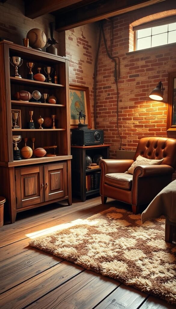 A cozy vintage sports-themed bedroom corner, bathed in warm golden light. In the foreground, an old wooden shelving unit displays a curated collection of vintage trophies, sports memorabilia, and aged leather balls. Midground features weathered wooden floorboards and a plush vintage-inspired rug, complemented by a distressed leather armchair. The background showcases a brick wall with peeling paint, adding an industrial touch. Subtle lighting fixtures cast a soft, ambient glow, creating a nostalgic and inviting atmosphere. Overall, the scene evokes a sense of timeless passion for sports and a touch of personal style.