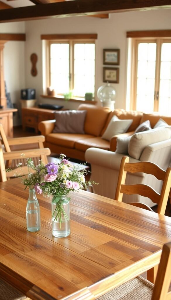 A cozy, well-appointed country living room featuring a collection of high-quality wood furniture. In the foreground, a sturdy oak table with a rustic, distressed finish, accompanied by a set of ladder-back chairs with woven seats. Atop the table, a beautiful bouquet of wildflowers in a simple glass vase, adding a touch of natural elegance. In the middle ground, a warm, inviting sofa crafted from solid pine, complemented by a pair of overstuffed armchairs upholstered in a soft, neutral fabric. The room is bathed in soft, natural light filtering through large windows, creating a serene and relaxing ambiance. The overall atmosphere exudes a sense of timeless, refined country charm.